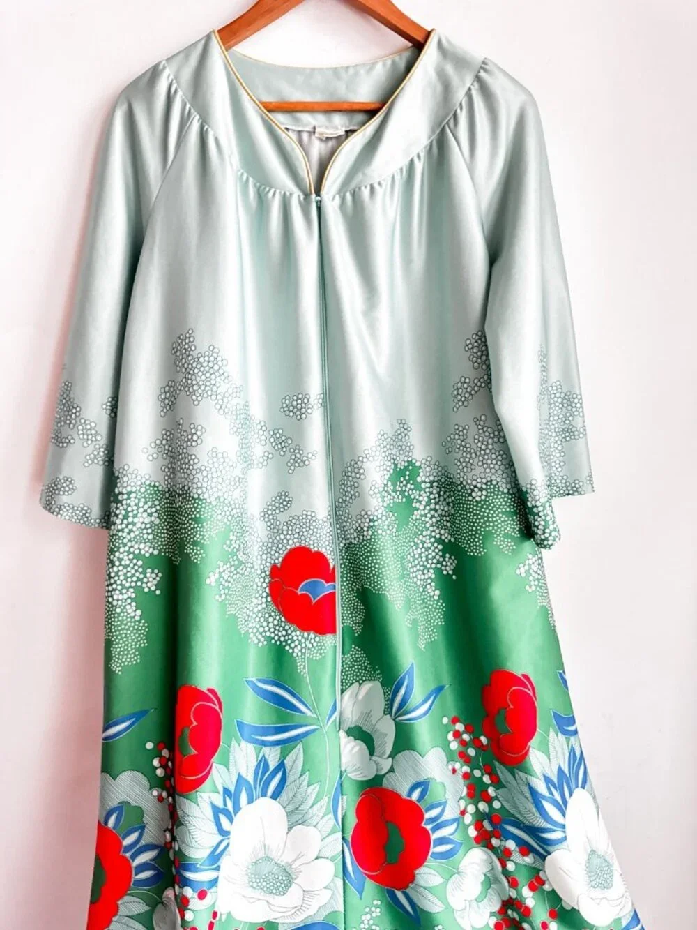 Vintage Princess Green Red Floral Colourful 70s Housedress XL - Picture 5 of 5